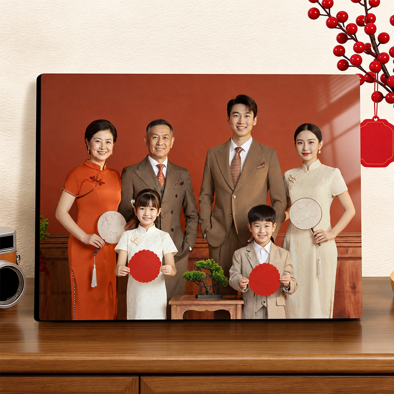 Custom rounded-corner photo frame displaying a family portrait