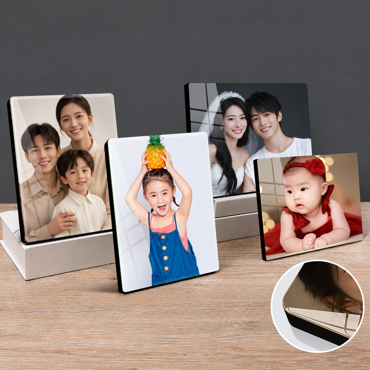 Custom photo stand displaying family and wedding photos